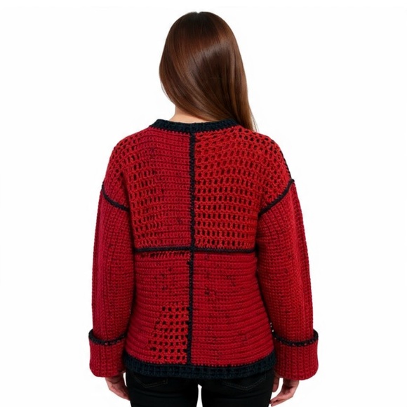 ARTISAN Colorblock Crochet Pullover Mesh Sweater NEW Red Black Hand Crafted - Picture 8 of 8